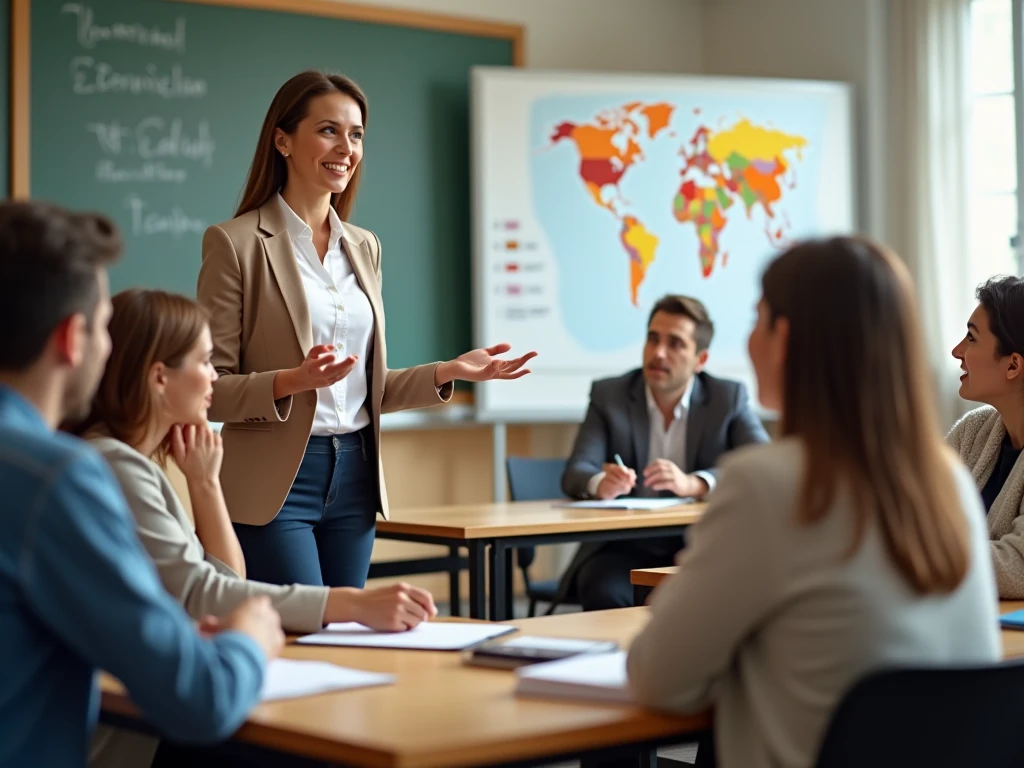 Expert language instructor teaching adult students